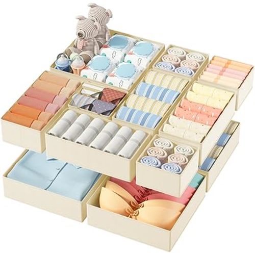 DIMJ Set of 12 Drawer Organizers Foldable Organizers and Storage Fabric Wardrobe Clothes Organizer Multifunctional Storage Box for Clothes, Bra,(Beige)