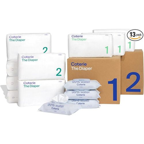 Coterie Baby Wipes + Diapers Kit, Size 1 (99 Count) & Size 2 Diapers (186 Count), 4 Pack (224) Baby Wipes with 99% Water, Plant Based Materials, Hypoallergenic for Sensitive Skin