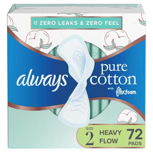 Always Pure Cotton Feminine Pads for Women, FlexFoam Pads with Wings, Size 2, Heavy Absorbency, Unscented, 72 Count (3 Packs of 24)