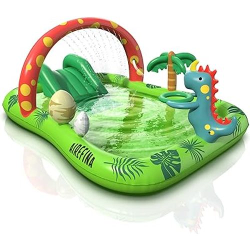 Inflatable Kids Pool, Airefina Dino Planet Inflatable Play Center Kiddie Pool with Water Slide, Ultra Thick 97"x76"x41" Toddler Pool with Play Ball Hoop, for Backyard, Garden, Water Park, Ages 3+
