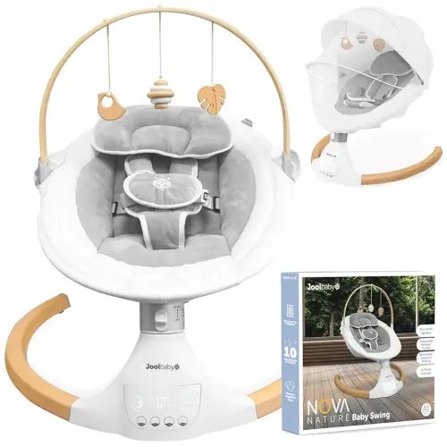 Jool Baby Nova Nature Baby Swing for Newborns with Natural Wood Toys, Electric Motorized Infant Swing, Bluetooth Music, Remote (White)