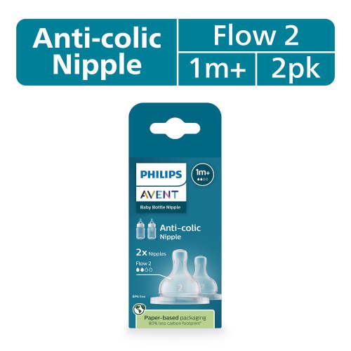 Philips Avent - 2pk Anti-Colic Baby Bottle Nipples, Flow 2, Ideal for Newborn, SCY762/02