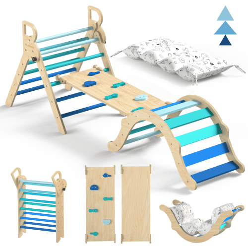 BlueWood Pikler Triangle Set 8-in-1 Foldable Wooden Climbing Montessori Indoor Jungle Gym, for Kids Ages 1-6