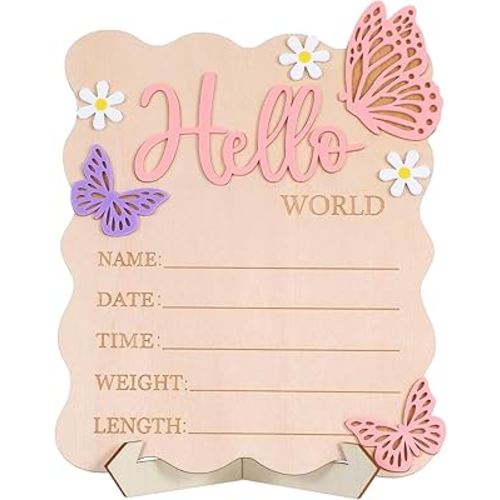 Welcome Baby Sign, Hello World Newborn Sign, Pink Baby Name Announcement Mark, Butterfly Chrysanthemum Birth Announcement Signs for Girls And Boys in Hospitals, Nursery And Family Use.