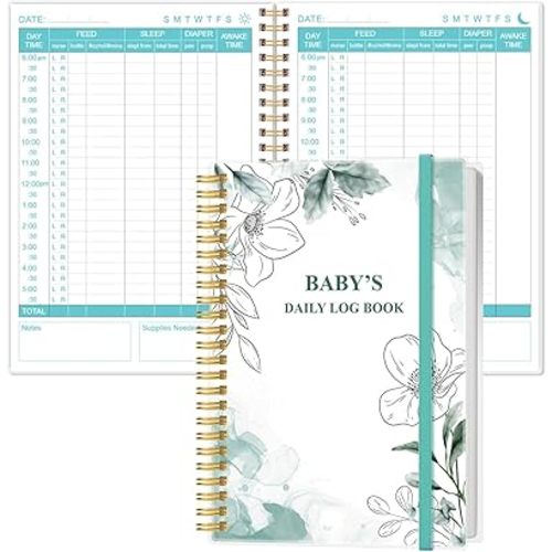Heveboik Baby's Daily Log Book - A5 Baby's Tracking for Newborns, 150 Easy to Fill Pages to Track and Monitor Your Newborn Baby's Schedule, Teal Flowers