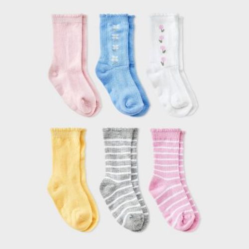 Baby Girls' 6pk Daisy Floral and Stripped Crew Socks - Cat & Jack™ 6-12M