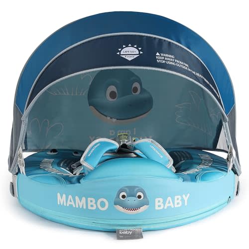 Mambobaby Float Add Tail Baby Swim Float with Canopy Solid Pool Infant Swim Trainer Swimming Training Lying Air Free Water Floats Non-Inflatable Waist Swim Ring for Toddlers (Dinosaur)