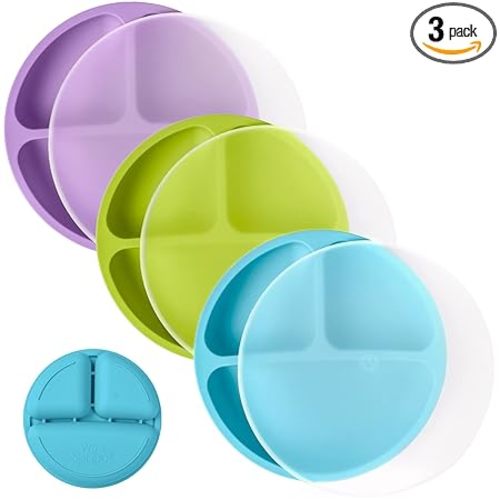 WeeSprout Silicone Plates with Lids for Babies & Toddlers (3 Pack) 100% Food-Grade Dishes for Self Feeding, Divided Design & Raised Edges for Picky Eaters, Dishwasher & Microwave Safe Weaning Supplies