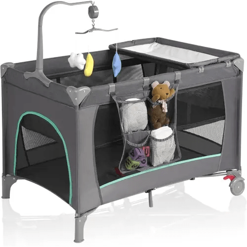 Pack and Play with Changing Table & Carry Bag, 4-in-1 Portable Crib Playpen for Newborn to Toddler, ASTM Certified Foldable Travel Crib with Bassinet(C-Cartoon)