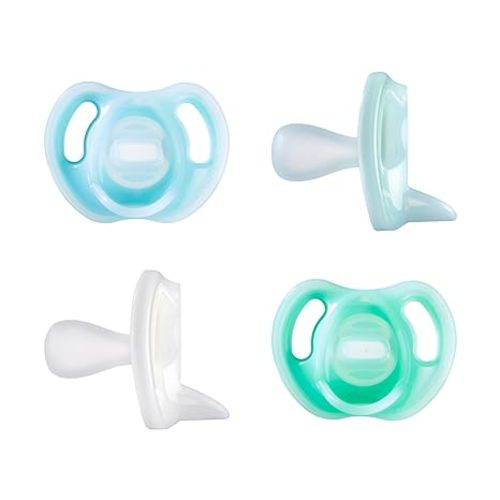 Tommee Tippee Ultra-Light Silicone Pacifier, 0-6 Months, Symmetrical One-Piece Design, BPA-Free Silicone Binkies, Blue/Green/Clear, Pack of 4