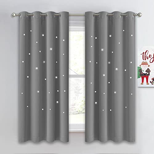NICETOWN Blackout Star Curtains for Kids Room Boys Girls Twinkle Hollow-Out Stars Thermal Insulated Cute Thick Soft Curtain Drapes, Grommet Top, 1 Panel, 52" W x 63" L, Silver Grey