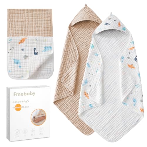Fmebaby Hooded Baby Towels for Newborn 2 Pack, 36x36 Inch Muslin Cotton Baby Bath Towel and 2 Pack Washcloths for Babies, Soft and Absorbent Newborn Essential(Apricot and Dinasour)