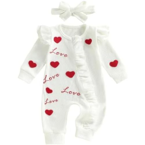 Newborn Baby Girl Valentines Day Outfit Heart Print Ruffle Long Sleeve Romper Onesie Cute Clothes with Headband