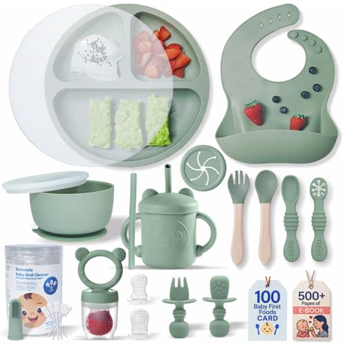 Remonda 23-Piece BPA-Free Silicone Baby Feeding Set | Extra Large Suction Plates, Toddler Bowls, Self Feeding Spoons, and More | Dishwasher Safe| Baby Led Weaning Supplies (Green A1)