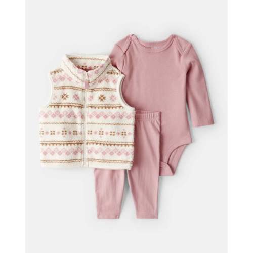Baby Girl 3-Piece Fair Isle Sherpa Vest Outfit Set - Pink - Carter's | Carter's