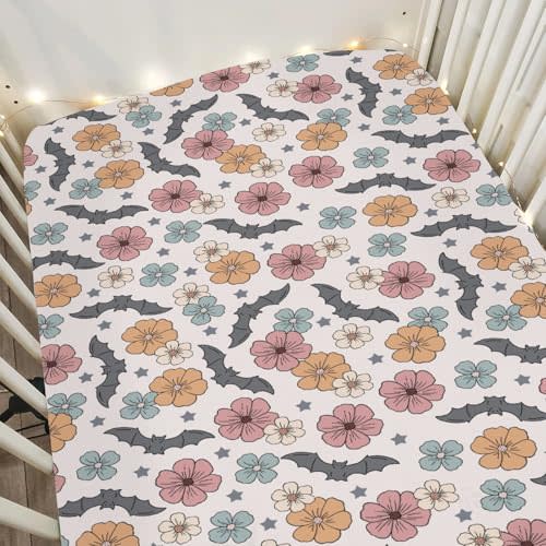 Boho Floral Halloween Bats Baby Crib Sheets for Boy Girl 28"x52" Vintage Fall Autumn Flowers Soft Snug Fitted Crib Mattress Cover Spooky Gothic Baby Sheet for Standard Crib & Toddler Bed Mattress