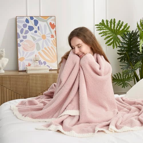 Snuggle Sac Pink Throw Blanket for Couch Bed Sofa 60x80 inches, Reversible Pink Blanket Microfiber Fluffy Fuzzy Cozy Knit Twin Blanket for Women Mothers Birthday Gifts