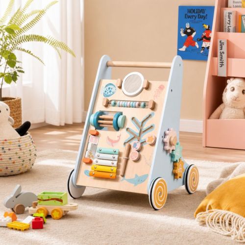 Wooden Baby Walker with 8-in-1 Activity Center and Wheels for Toddlers, Blue