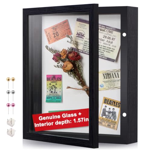 8x10 Black Deep Shadow Box Picture Frame with HD Clear Glass | Shadow Box Display Case with Stand,Push Pins,and Linen Back.Display on Tabletop or Wall for Photo,Flower,Keepsake,Wedding