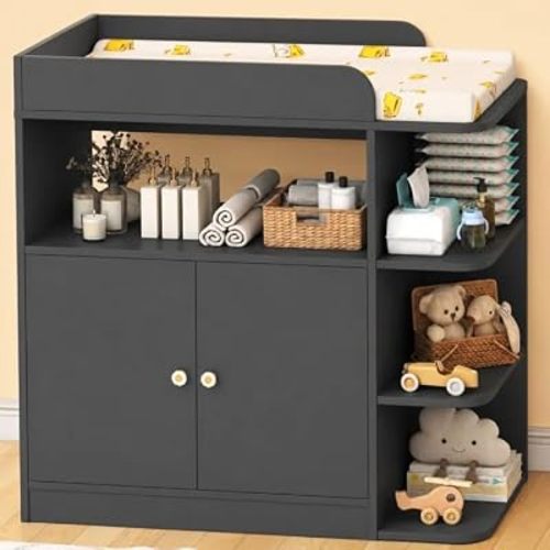 Wanan Changing Table Dresser with Large Cabinet for Nursery, Wood, Black