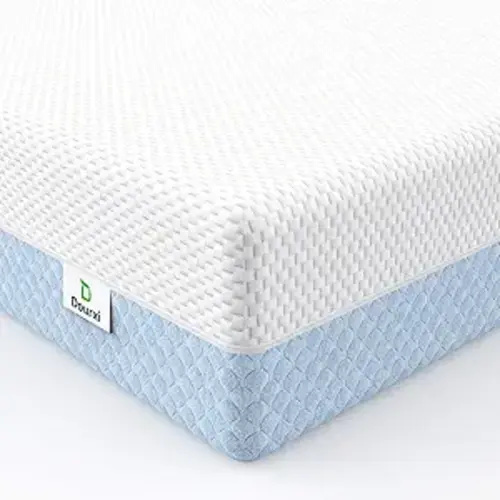 Dourxi Crib Mattress, Dual Sided Comfort Memory Foam Toddler Bed Mattress, Triple-Layer Breathable Premium Baby Mattresses for Infant and Toddler w/Removable Outer Cover - White&Blue