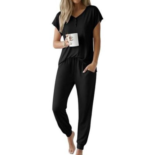 Ekouaer Viscose from Bamboo Women's Pajama Sets Super Soft Short Sleeve Button Top and Pants Pj Sleepwear Sets Black XL