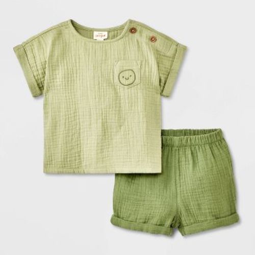 Baby Boys' 2pc Smiley Embroidered Pocket Gauze Shorts Set - Cat & Jack™ Green Newborn