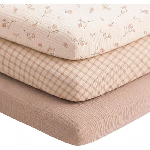 Muslin Bassinet Sheets 3-Pack (33" x 21") | 100% Cotton, Soft & Breathable, Fits Rectangle Bassinet & Bedside Sleeper Mattresses, For Baby Girl Boy