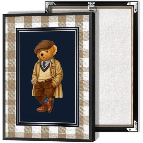 Vintage Teddy Bear Canvas Wall Art Polo Trench Coat Animals Poster Funny Minimalist Lattice Pictures Canvas Prints Painting For Living Room Bedroom Apartment Wall Decor 16x24in Framed