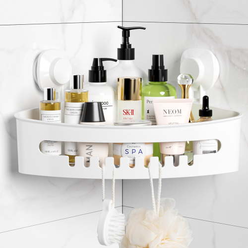 LUXEAR Suction Cup Corner Shower Caddy Wall Mounted Shower Shelf Bathroom Storage Basket - No-Drilling Removable Plastic Storage Organizer for Bathroom Shower Kitchen - White