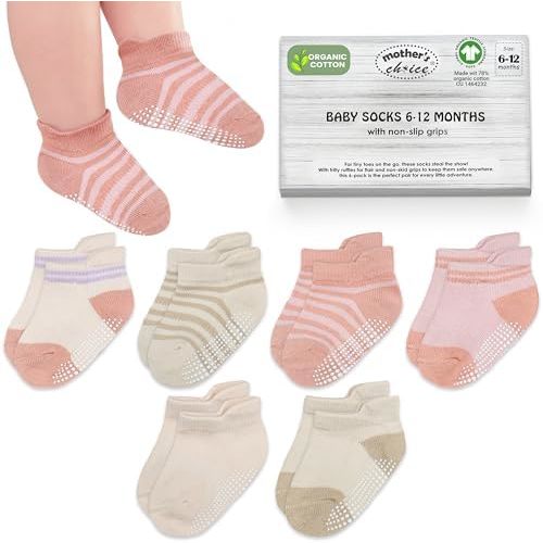 Mother's Choice Organic Cotton Ankle Baby Socks 6 Pairs, 6M - 5Y For Infants & Toddlers Breathable Grip Non Slip Socks Unisex