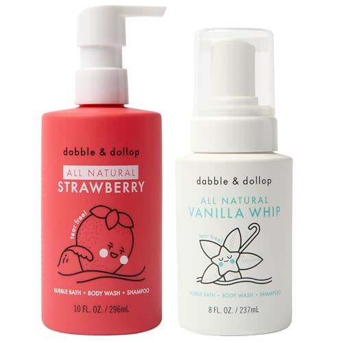 Dabble & Dollop Strawberry + Vanilla Body Wash & Shampoo – 3-in-1 Natural Bubble Bath for Kids, No Parabens or Sulfates, Vegan, Gluten-Free, Tear-Free (2-Pack)