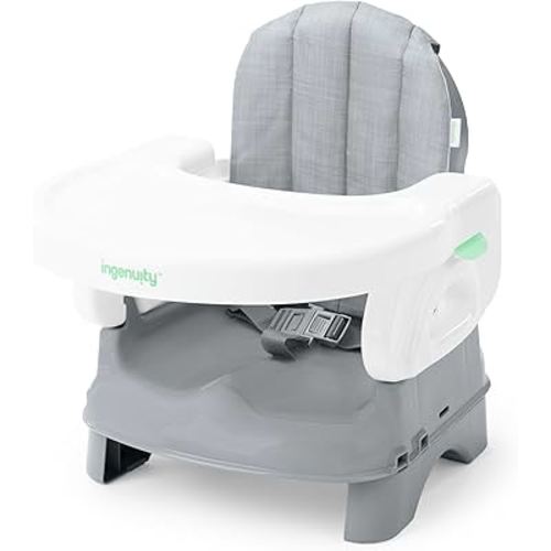 Ingenuity Deluxe Comfort Booster Seat for Kitchen Chair, Compact Fold, Portable, Lightweight, Toddler Booster Seat for Dining Table, from 6 Months to 3 Years – Grey