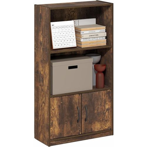 Furinno Gruen Book Shelf, 3-Tier Bookshelf, Bookcase with Open Shelf and 2 Doors Storage Cabinet, 9.3 x 21.8 x 39.5, for Organization and Storage, for Living Room, Bedroom, Home Office, Amber Pine