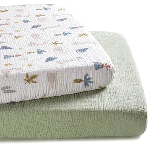 TILLYOU Muslin Mini Crib Sheets 2 Pack, Pack and Play Mattress Sheets Fitted for Pack N Play, 38 x 26 Sheet for Toddler, Dinosaur