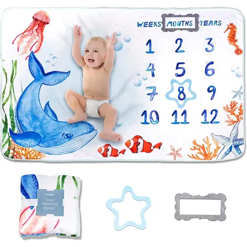 Baby Milestone Blanket| Original Design Baby Monthly Milestone Blanket Boy Girl|Baby Photography Props Blanket| 60'x40' Ocean World