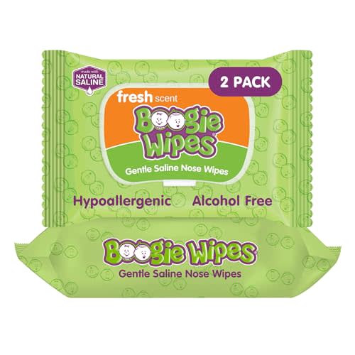 Boogie Wipes Gentle Saline Nose Wipes - 90 Count - Fresh Scent, Hypoallergenic & Alcohol-Free - Allergy Relief - Made with Natural Saline, Aloe, Chamomile & Vitamin E - Diaper Bag Essential