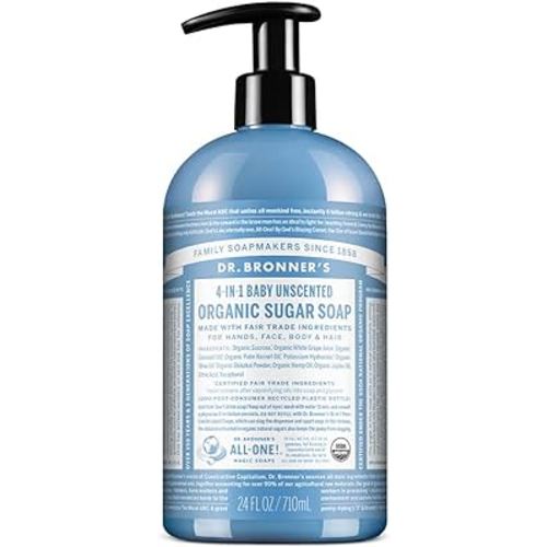 Dr. Bronner's Organic Sugar Soap (Baby Unscented, 24 Ounce) - Made with Regenerative Certified Organic Oils, Sugar & Shikakai Powder, 4-in-1 Use: Hands, Body, Face and Hair- Liquid Soap, Nourishes