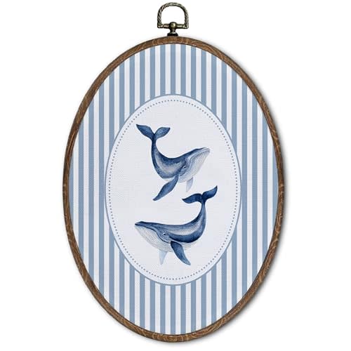 FLAWAFLOMA Vintage Nautical Nursery Oval Wall Art Decor, Kids Room Canvas Wall Art Framed, Retro Whale Hanging Decorations for Kids Toddler Boy Nursery Room Playroom Decor, 8.6x11.4 Inch