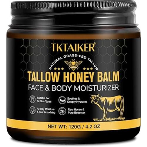 Beef Tallow for Skin, Beef Tallow for Face, Hydrating Tallow Balm with Raw Honey and Beeswax, Grass-Fed Beef Tallow & Raw Wild Honey Blend, Body & Face Moisturizer, Natural Formula, Light Scent