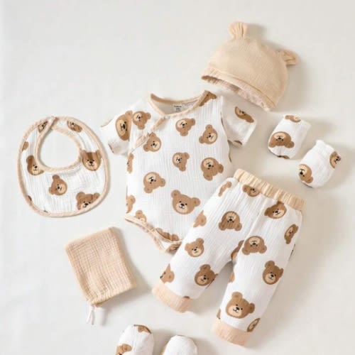 Baby Boy Bear Print Bodysuit & Pants & Bib & Gloves & Hat Set