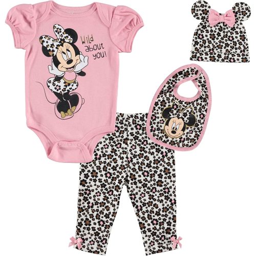 Disney Minnie Mouse 4 Piece Outfit Set: Bodysuit Pants Bib Hat