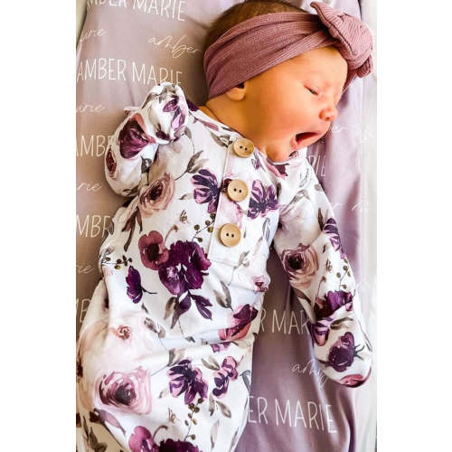 Demi's Dusty Purple Floral Newborn Baby Knot Gown & Hat Set