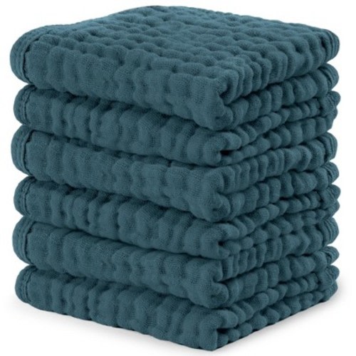 Comfy Cubs Muslin Baby Washcloths 6 Pack - Soft Large 10"x10" 6-Layer Absorbent Cotton - Neptune