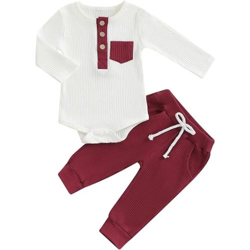 fhutpw Baby Boy Clothes 3 6 12 18 Months Ribbed Knitted Long Sleeve Romper and Pants Sets Newborn Fall Splicing Color Outfits