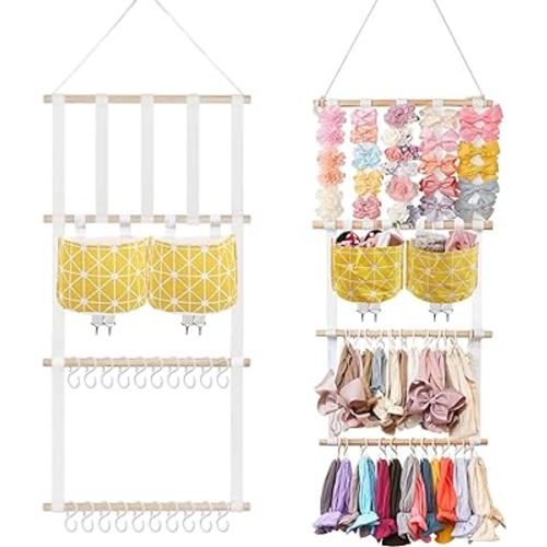 kangaroo Hairband Organizer for Baby Girls, Large Capacity Bow Holder Hair Accessories Wall Hanging Organizer with 20 S-hooks and 2 Pockets, Yellow