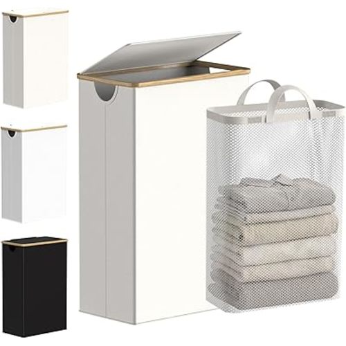 efluky Slim Laundry Basket with Lid, Narrow Laundry Hamper with Removable Bag, Skinny Dirty Clothes Basket with Bamboo Handles for Bathroom, Bedroom & Laundry Room, 75L Beige