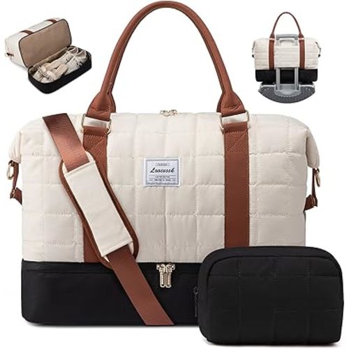 LOVEVOOK Travel Duffel Bag - Versatile Weekender Bag for Women, Puffer Carry On & Overnight Bag for Short Trips, Black/White/Brown