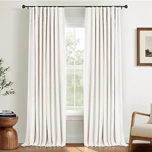 INOVADAY 100% Blackout Curtains for Bedroom, Black Out Curtains 90 Inch Long, Clip Rings Linen Blackout Drapes, Thermal Insulated Room Darkening for Living Room, 2 Panels - Beige,W50xL90