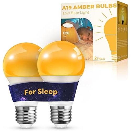 L LOHAS LED Sleep aid Amber Light Bulbs, Blue Light Blocking, A19 9W(60 Watt Equivalent) Dim Light Bulbs, 1800K Warm Light Bulb, E26 Base, 2 Pack